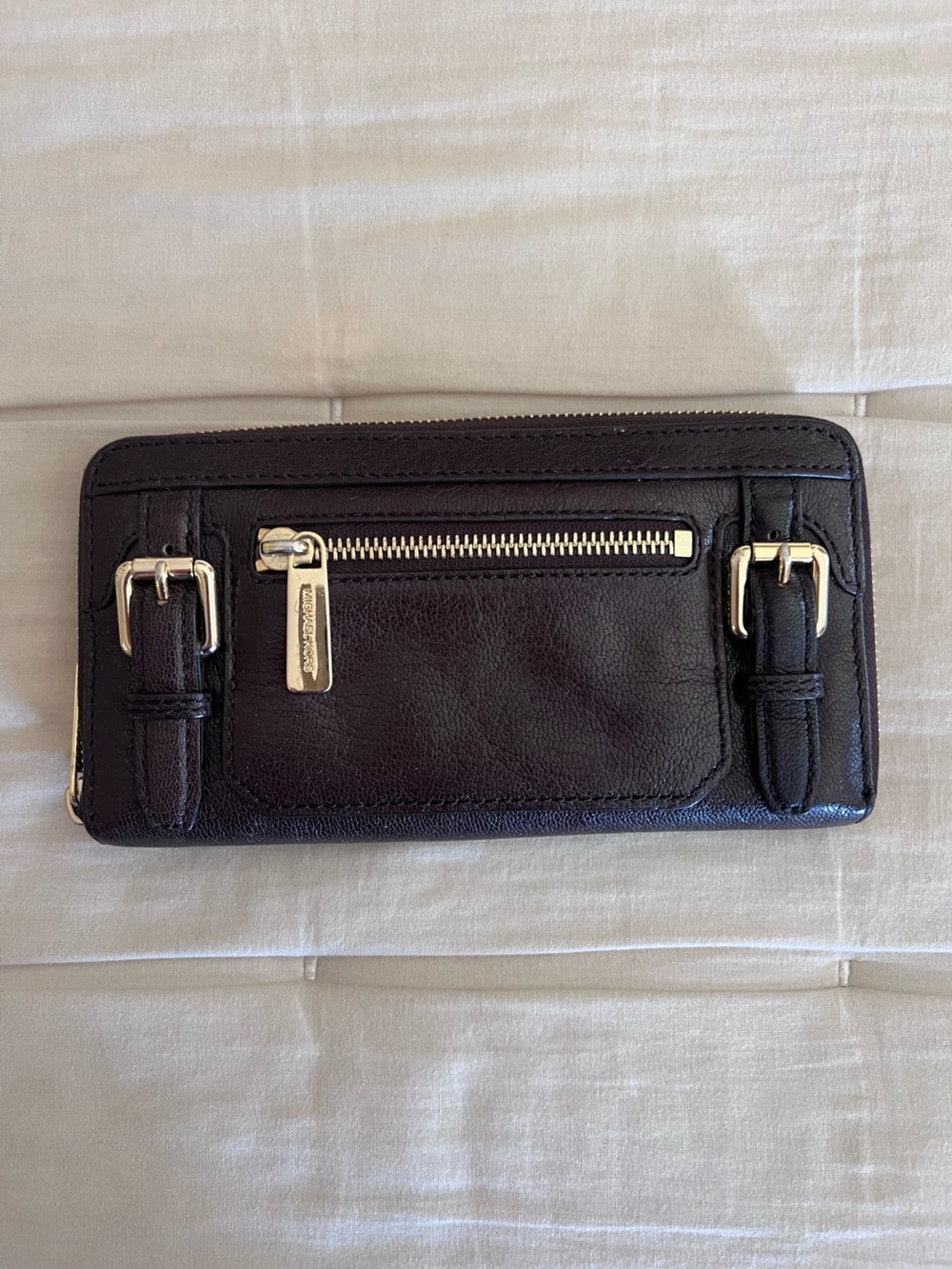 MICHAEL Michael Kors Black Leather Zip-Around Wallet with Gold Hardware